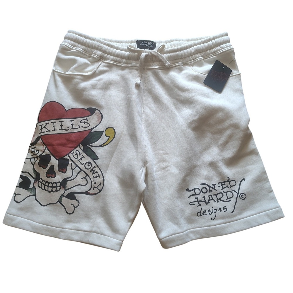 Ed Hardy Mens Love Kills Slowly Sweat Shorts Ivory Skull Tattoo EHM8100-17R L